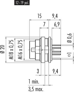 Dibujo a escala M16 Enchufe de brida, Número de contactos: 19 (19-a), blindable, THT, IP67, UL 2238, M18x0,75, Montaje en pared