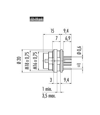 Scale drawing 09 0131 290 12 - M16 Male panel mount connector, Contacts: 12 (12-a), shieldable, THT, IP67, UL, front fastened