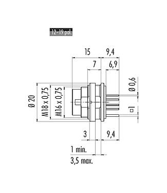 Scale drawing 09 0131 290 12 - M16 Male panel mount connector, Contacts: 12 (12-a), shieldable, THT, IP67, UL, Front mounting