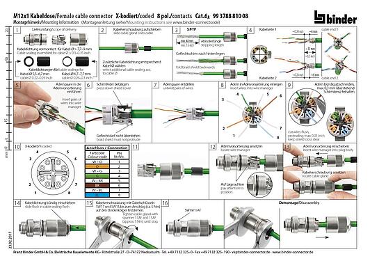 Instrucción de montaje M12 Conector de cable hembra, Número de contactos: 8, 5,5-9,0 mm, blindable, IDC, IP67