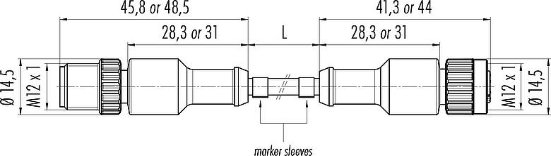 Scale drawing M12 Connecting cable male cable connector - female cable connector, Contacts: 8, unshielded, moulded on the cable, IP68/IP69K, UL 2238, PUR, black, 8 x 0.25 mm², 1 m