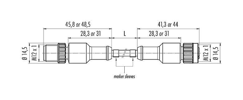 Scale drawing M12 Connecting cable male cable connector - female cable connector, Contacts: 8, unshielded, moulded on the cable, IP68/IP69K, UL 2238, PUR, black, 8 x 0.25 mm², 5 m