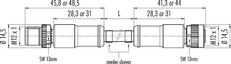 Scale drawing M12 Connecting cable male cable connector - female cable connector, Contacts: 8, unshielded, moulded on the cable, IP67/IP69K, UL 2238, PUR, black, 8 x 0.25 mm², 2 m