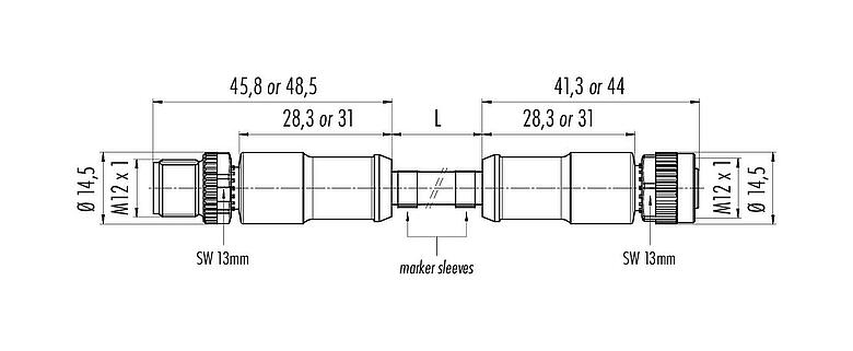Scale drawing M12 Connecting cable male cable connector - female cable connector, Contacts: 12, unshielded, moulded on the cable, IP67/IP69K, UL 2238, PVC, grey, 12 x 0.25 mm², 5 m
