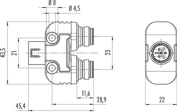Dibujo a escala Snap-In Distribuidor doble, distribuidor de Y, Número de contactos: 3, sin blindaje, enchufable, IP67, UL 2238, VDE