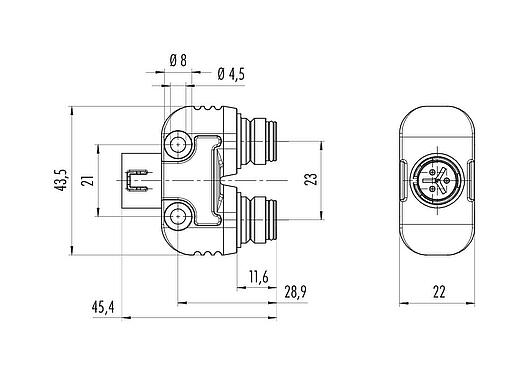 Dessin coté Snap-In Répartiteur double, Y-distributeur, Contacts: 5, non blindé, enfichable, IP67, UL 2238, VDE