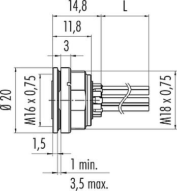 Dessin coté M16 Embase femelle, Contacts: 5 (05-a), non blindé, fils, IP67, UL 2238, M18x0,75, Montage frontal