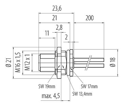 Scale drawing M12 Male panel mount connector, Contacts: 3, unshielded, single wires, IP68, UL 2238, M16x1.5, Rear mounting
