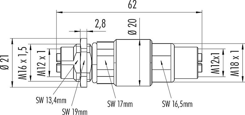 Scale drawing M12 Lead-through for control cabinet, Contacts: 8, shielded, pluggable, IP67, UL, Rear mounting