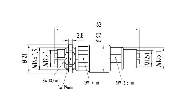 Scale drawing M12 Lead-through for control cabinet, Contacts: 8, shielded, pluggable, IP67, UL, Rear mounting