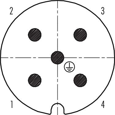 Disposition des contacts (Côté plug-in) RD30 Connecteur mâle coudé, Contacts: 4+PE, 10,0-12,0 mm, non blindé, pince à visser, IP65, ESTI+, VDE