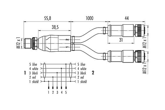 Scale drawing M12 Male cable splitter - 2 female cable connectors, Contacts: 5, shielded, moulded on the cable, IP67, CAN-Bus, PUR, violet, 1 x 2 x AWG 22 + 1 x 2 x AWG 24, 1 m