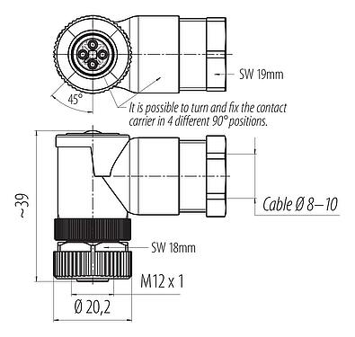 Dessin coté M12 Connecteur femelle coudé, Contacts: 4, 8,0-10,0 mm, non blindé, pince à visser, IP67, UL 2238, VDE