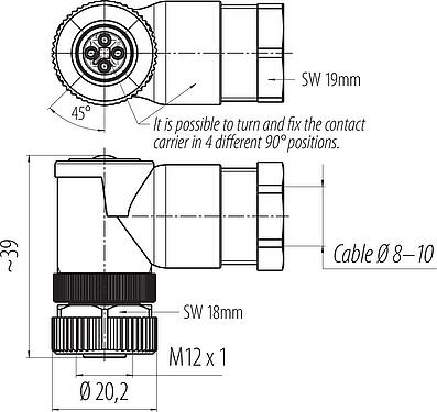 Scale drawing M12 Female angled connector, Contacts: 4, 8.0-10.0 mm, unshielded, screw clamp, IP67, UL 2238, VDE
