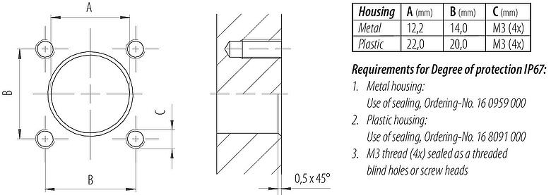 Muestra de montaje M12 Conector de montaje en panel macho cuadrado, Número de contactos: 4, sin blindaje, soldadura, IP40, M3 (4x), Montaje frontal, Alineación de codificación posicionable