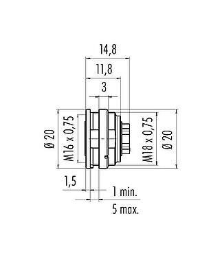 Scale drawing M16 Female panel mount connector, Contacts: 6 (06-a), unshielded, crimping (Crimp contacts must be ordered separately), IP40, M18x0,75, Front mounting