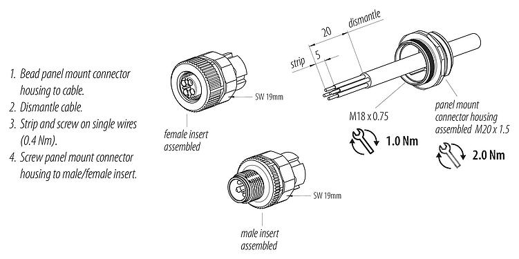 Instrucción de montaje M12 Toma de brida, Número de contactos: 4, sin blindaje, tornillo extraíble, IP68, UL 2238, VDE, M20x1,5, Montaje frontal
