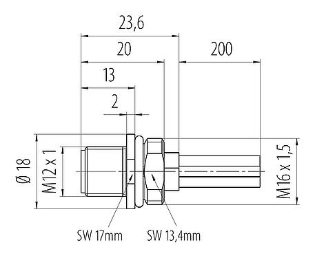 Scale drawing M12 Male panel mount connector, Contacts: 4, unshielded, single wires, IP68, UL 2238, M16x1.5, Front mounting
