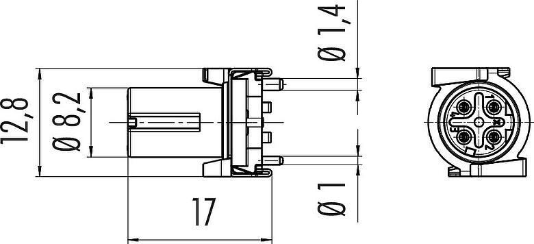 Scale drawing M12 Female panel mount connector, Contacts: 4, shieldable, SMT, IP67