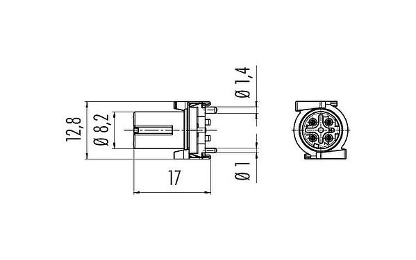 Scale drawing M12 Female panel mount connector, Contacts: 4, shieldable, SMT, IP67