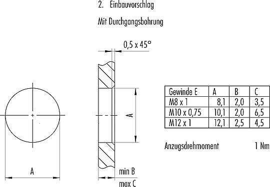 Instructions de montage / Découpe du panneau M8 Embase mâle, Contacts: 3, non blindé, THT, IP67, UL 2238, M8x1,0, Montage mural arrière, coulé