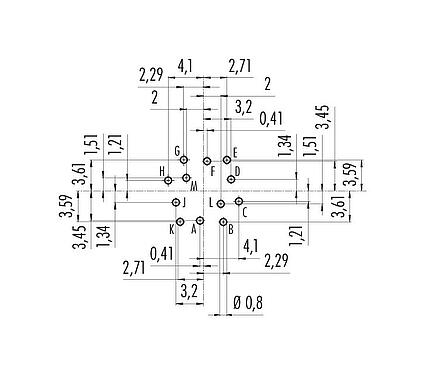 Conductor layout 09 0132 90 12 - M16 Female panel mount connector, Contacts: 12 (12-a), unshielded, THT, IP67, UL, Front mounting