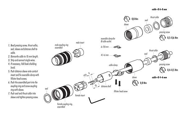 Instructions de montage M16 Connecteur femelle, Contacts: 4 (04-a), 6,0-8,0 mm, blindable, pince à visser, IP67, UL 2238