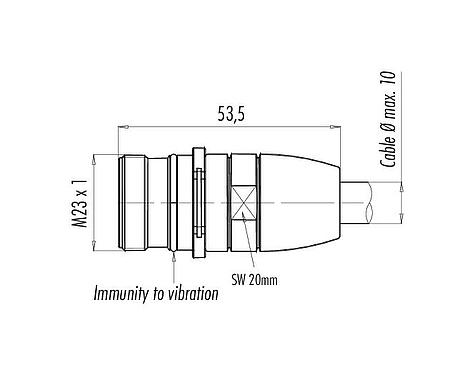Dibujo a escala M23 Conector de acoplamiento macho, Número de contactos: 12, 6,0-10,0 mm, blindable, soldadura (los manguitos de puesta a tierra con junta deben pedirse por separado), IP67