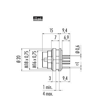 Scale drawing 09 0331 290 12 - M16 Male panel mount connector, Contacts: 12 (12-a), shieldable, THT, IP40, front fastened