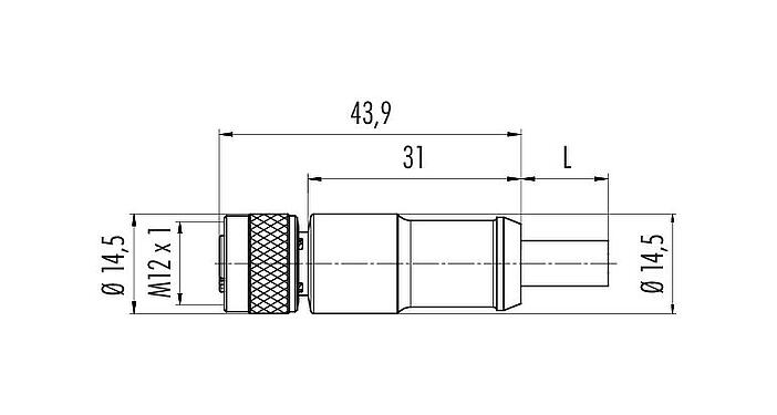 Scale drawing M12 Female cable connector, Contacts: 8, shielded, moulded on the cable, IP67, Ethernet CAT5e, TPE, teal, 4 x 2 x AWG 24, 2 m
