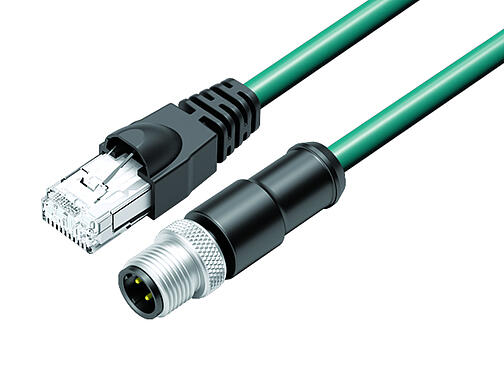 3D View 77 9753 4529 34704-0050 - M12/RJ45 Connecting cable male cable connector - RJ45 connector, Contacts: 4, shielded, molded/crimp, IP67, Ethernet CAT5e, TPE, blue/green, 2 x 2 x AWG 24, 0.5 m