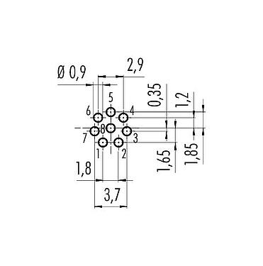 Conductor layout M8 Male panel mount connector, Contacts: 8, unshielded, THT, IP67, UL 2238, M8x1.0, Rear mounting, potted