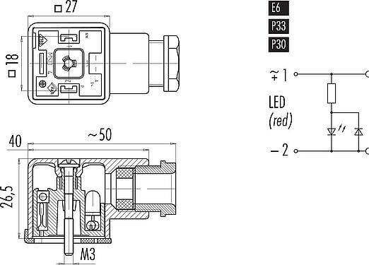 Dessin coté Embase femelle pour appareils, Contacts: 2+PE, 8,0-10,0 mm, non blindé, pince à visser, IP40 sans joint, PG 11, Circuit P33, avec LED, PNP