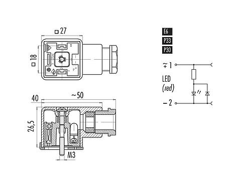 Dessin coté Embase femelle pour appareils, Contacts: 2+PE, 6,0-8,0 mm, non blindé, pince à visser, IP40 sans joint, PG 9, Circuit P30, avec LED, PNP