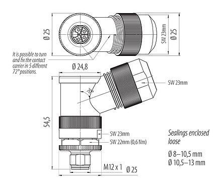 Dibujo a escala M12 Conector macho en ángulo, Número de contactos: 4, 8,0-13,0 mm, sin blindaje, tornillo extraíble, IP67, UL 2238, M12x1,0, para la fuente de alimentación (potencia)