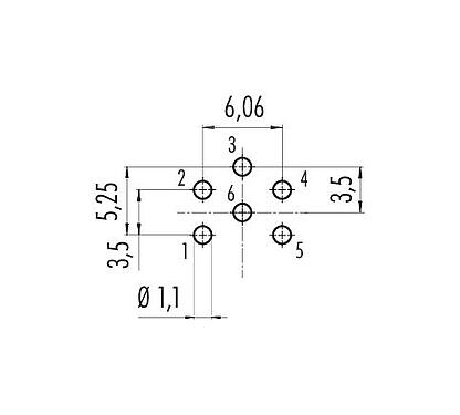 Conductor layout 09 0324 90 06 - M16 Female panel mount connector, Contacts: 6 (06-a), unshielded, THT, IP40, front fastened