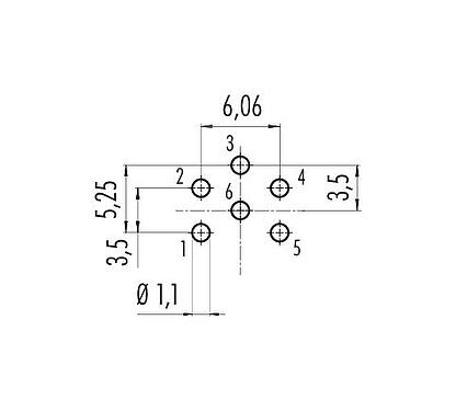 Conductor layout 09 0124 99 06 - M16 Female panel mount connector, Contacts: 6 (06-a), unshielded, THT, IP67, UL, Front mounting