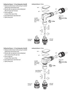 Assembly instructions M12 Male angled connector, Contacts: 8, 5.0-8.0 mm, shieldable, screw clamp, IP67, UL 2238, iris spring