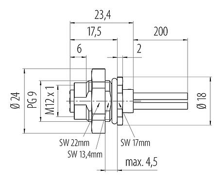 Dibujo a escala M12 Toma de brida, Número de contactos: 4, sin blindaje, hilos, IP68, UL 2238, M16x1,5, Montaje en pared