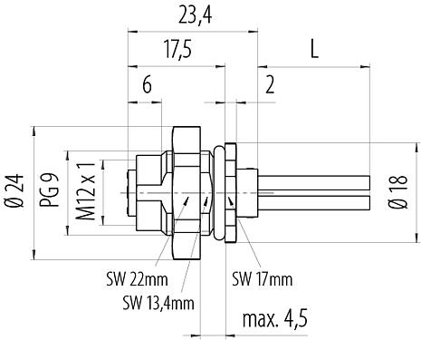 Dibujo a escala M12 Toma de brida, Número de contactos: 4, sin blindaje, hilos, IP68, UL 2238, M16x1,5, Montaje en pared