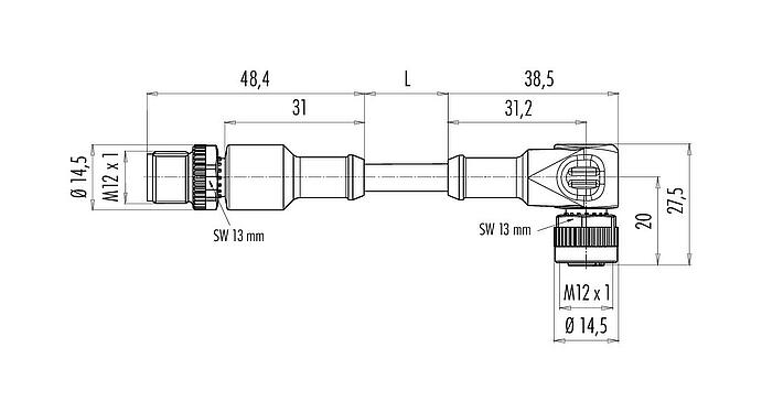 Dessin coté M12 Câble de raccordement connecteur mâle - connecteur femelle coudé, Contacts: 8, non blindé, surmoulé sur le câble, IP68/IP69K, UL 2238, PUR, noir, 8 x 0,25 mm², 1 m