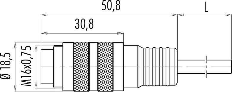 Scale drawing M16 Male cable connector, Contacts: 14 (14-b), unshielded, moulded on the cable, IP67, PUR, black, 8 x 0.25 mm² / 2 x 0.50 mm², 2 m