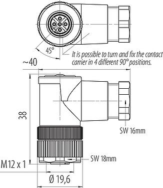 Scale drawing M12 Female angled connector, Contacts: 5, 6.0-8.0 mm, unshielded, screw clamp, IP67, UL 2238