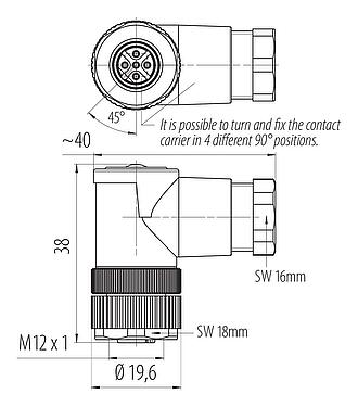 Scale drawing M12 Female angled connector, Contacts: 5, 6.0-8.0 mm, unshielded, screw clamp, IP67, UL 2238