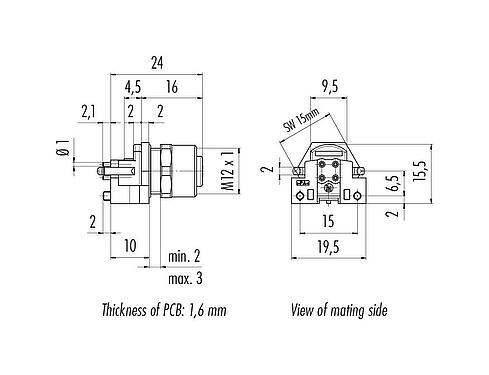 Scale drawing M12 Female panel mount connector, Contacts: 5, shieldable, THR, IP68, UL 2238, M12x1.0, Rear mounting