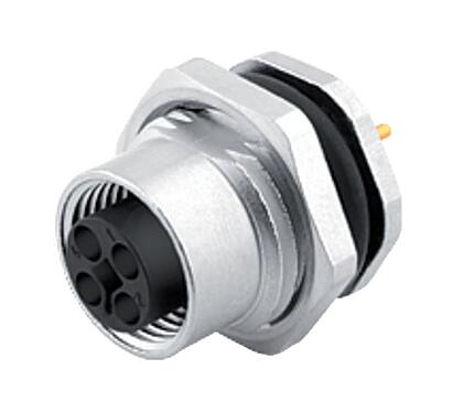 3D View 09 0632 90 04 - M12 Female panel mount connector, Contacts: 4, unshielded, THT, IP68, UL, VDE, M16x1.5, front fastened