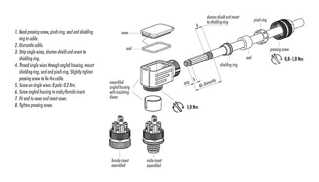 Assembly instructions 99 1486 822 08 - M12 Female angled connector, Contacts: 8, 6.0-8.0 mm, shieldable, screw clamp, IP67, UL