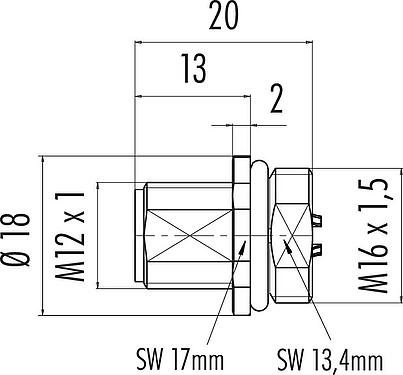Dessin coté M12 Embase mâle, Contacts: 4, non blindé, souder, IP68, UL 2238, M16x1,5, Montage frontal