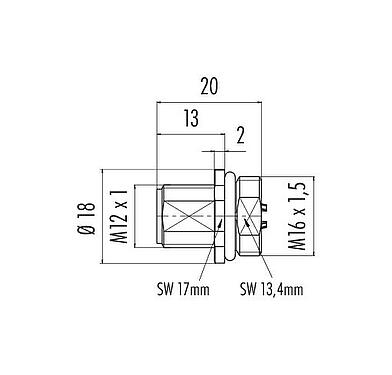 Scale drawing M12 Male panel mount connector, Contacts: 8, unshielded, solder, IP68, UL 2238, M16x1.5, Front mounting