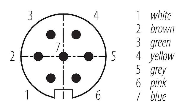 Disposition des contacts (Côté plug-in) M16 Connecteur mâle, Contacts: 7 (07-a), non blindé, surmoulé sur le câble, IP67, PUR, noir, 8 x 0,25 mm², 2 m
